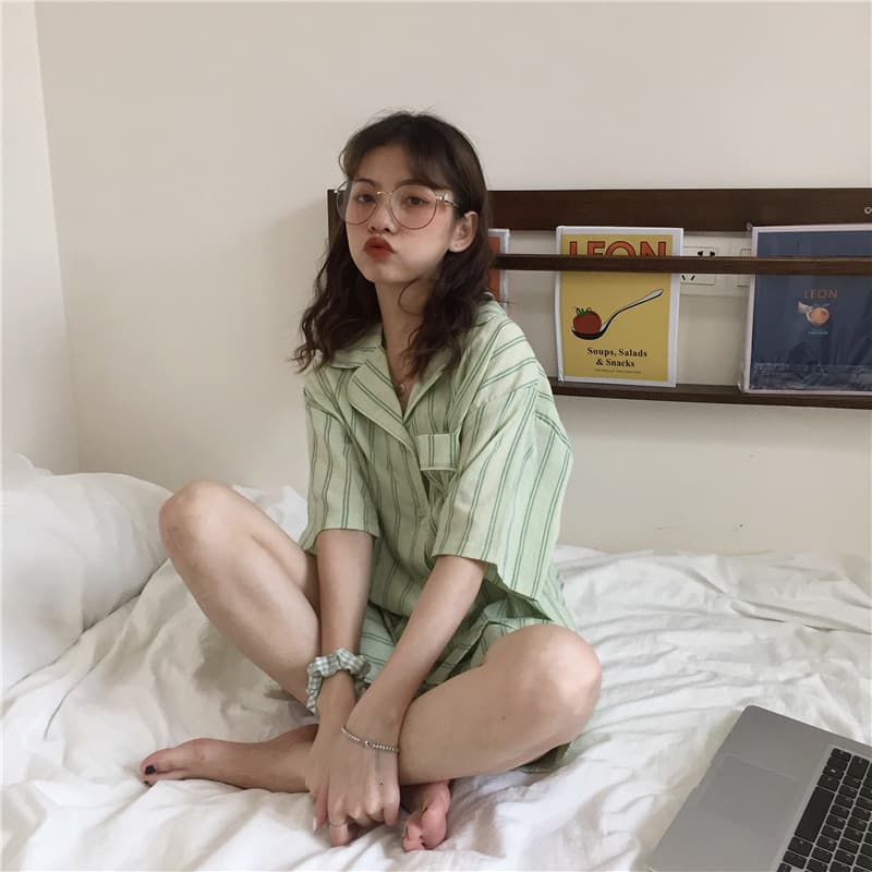 여성용 루즈 핏 셔츠+스트라이프 브라운 슬리퍼 세트 상세 이미지 8