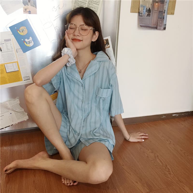 여성용 루즈 핏 셔츠+스트라이프 브라운 슬리퍼 세트 상세 이미지 27