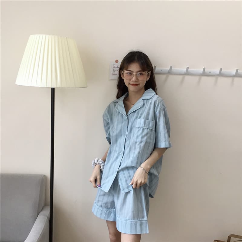 여성용 루즈 핏 셔츠+스트라이프 브라운 슬리퍼 세트 상세 이미지 36