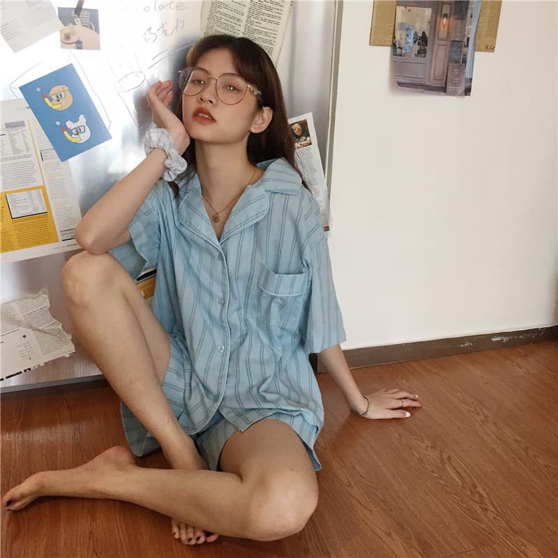 여성용 루즈 핏 셔츠+스트라이프 브라운 슬리퍼 세트 상세 이미지 42