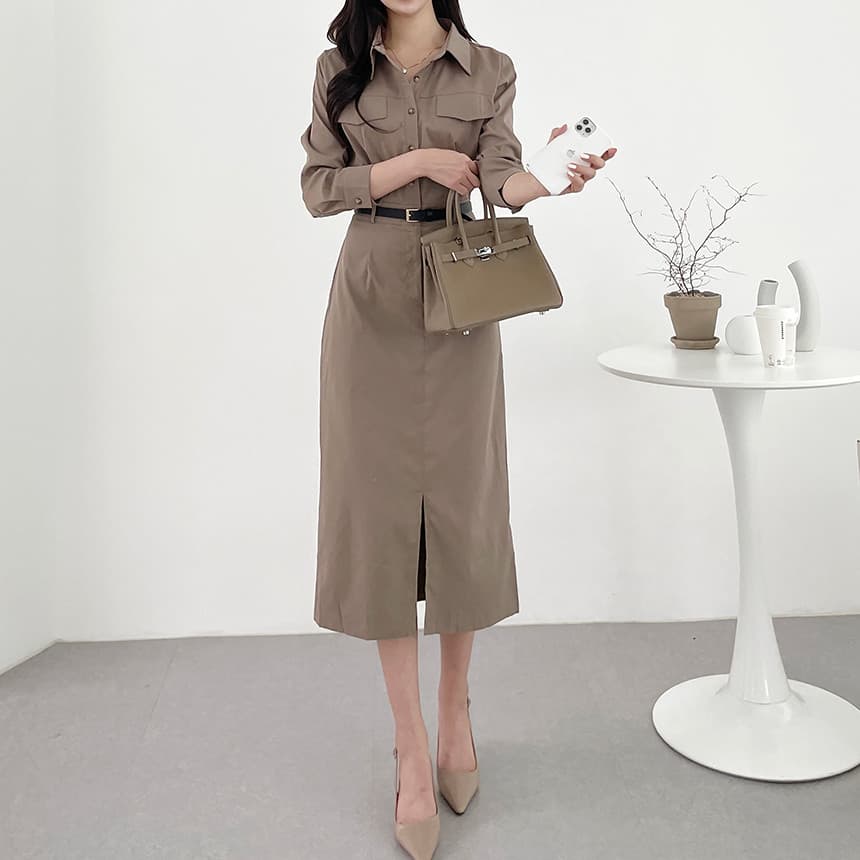 레트로 감성 벨트 포함 긴소매 원피스 (3color) 상세 이미지 9