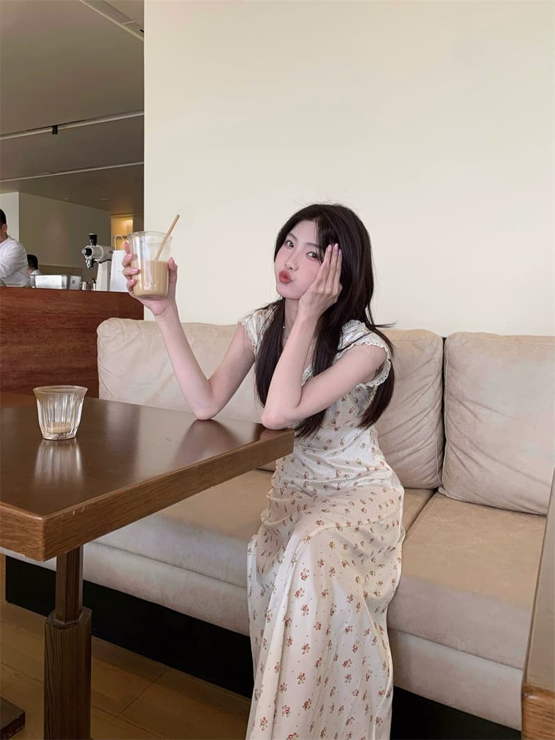 플라워 쉬폰 V넥 민소매 원피스 상세 이미지 4