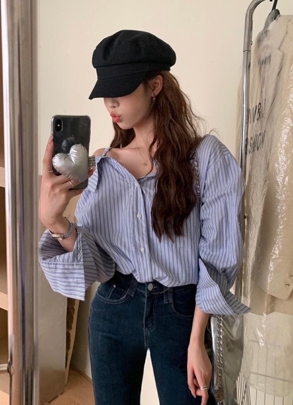 프렌치 레트로 원숄더 스트라이프 셔츠 상세 이미지 1