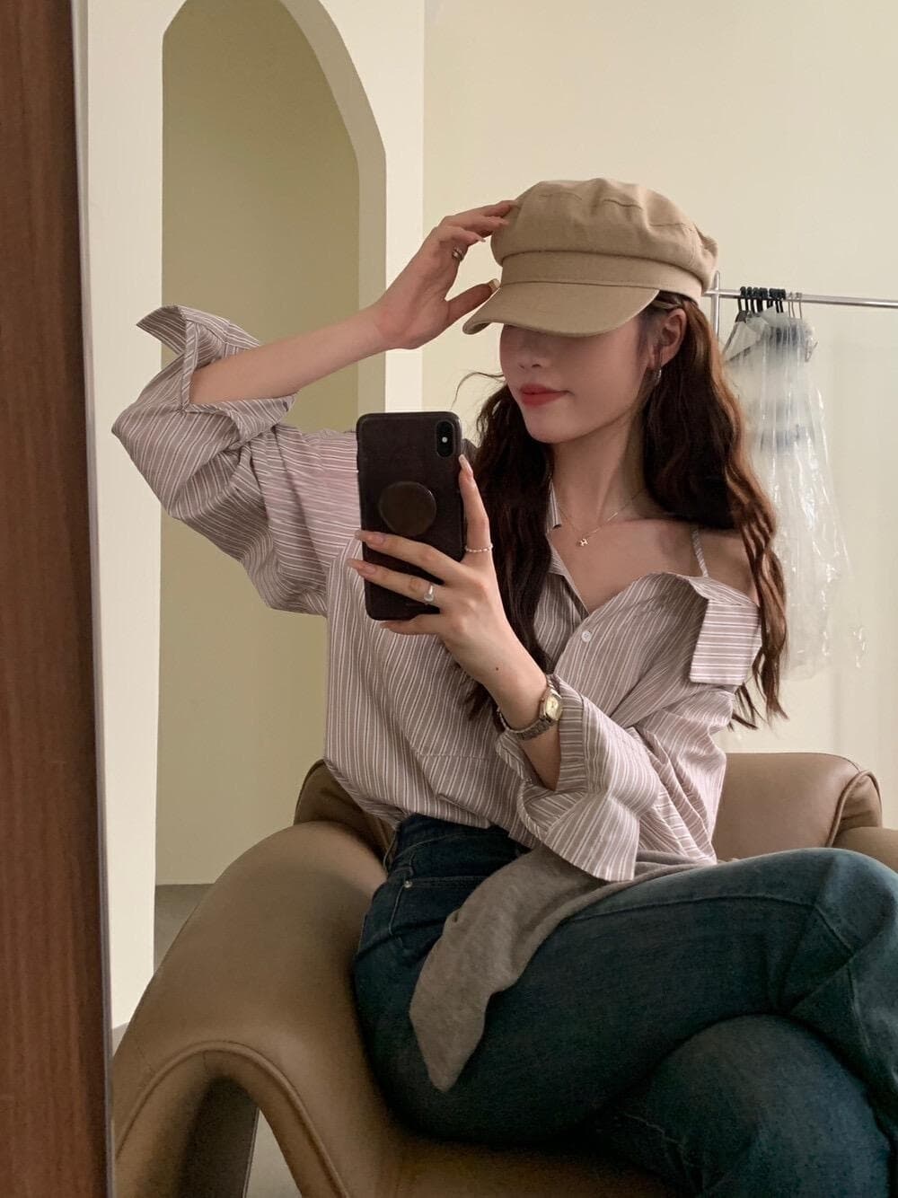 프렌치 레트로 원숄더 스트라이프 셔츠 상세 이미지 4