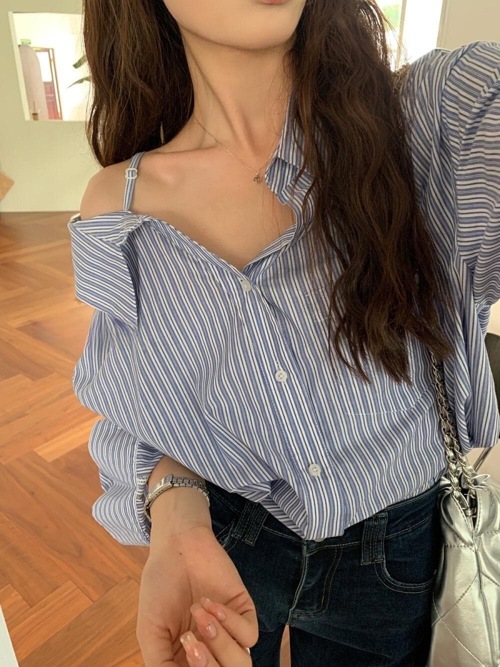 프렌치 레트로 원숄더 스트라이프 셔츠 상세 이미지 8