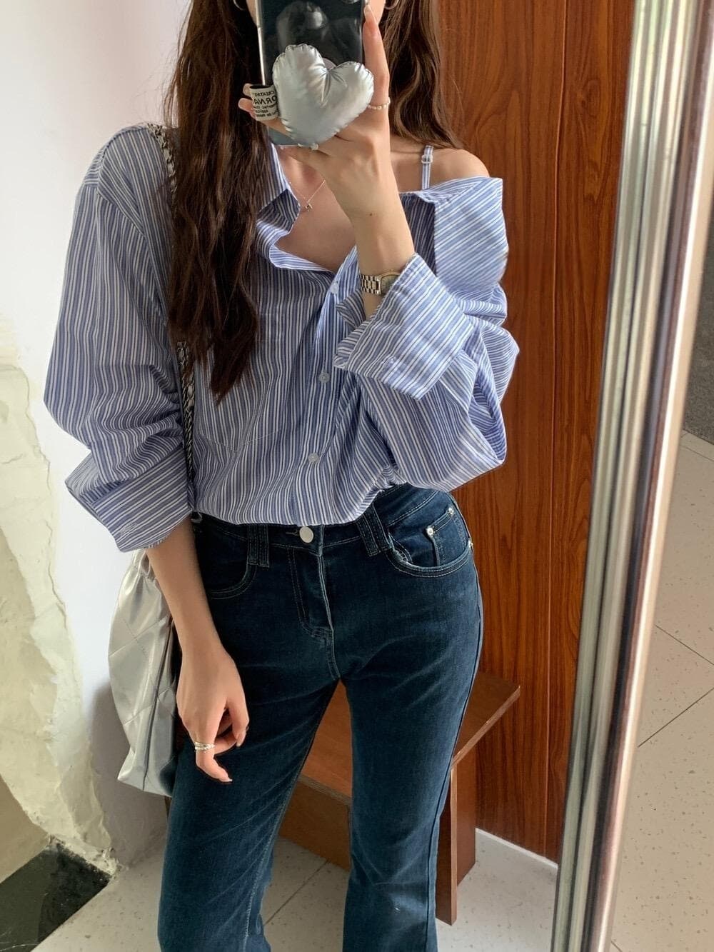 프렌치 레트로 원숄더 스트라이프 셔츠 상세 이미지 10