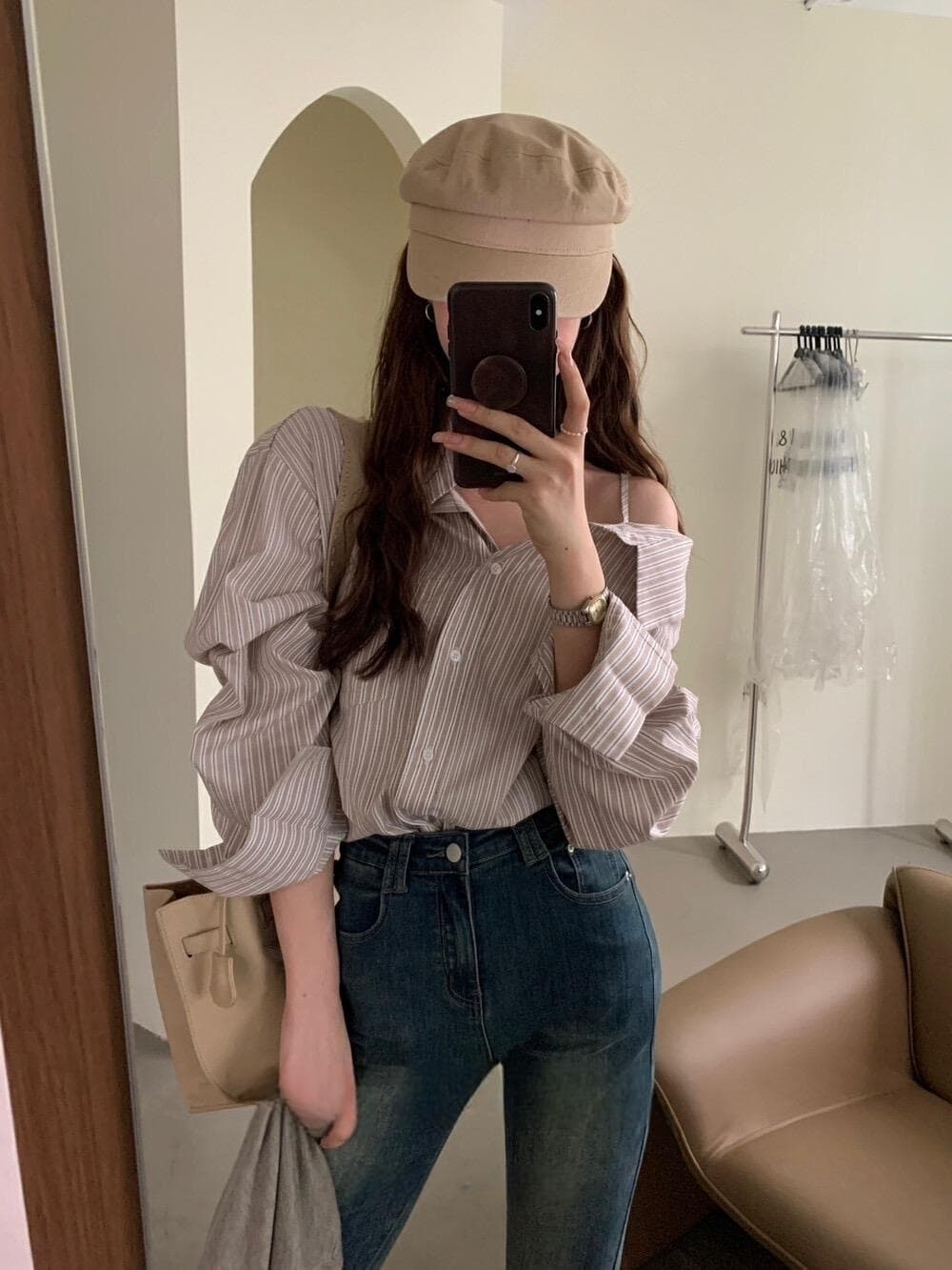 프렌치 레트로 원숄더 스트라이프 셔츠 상세 이미지 14