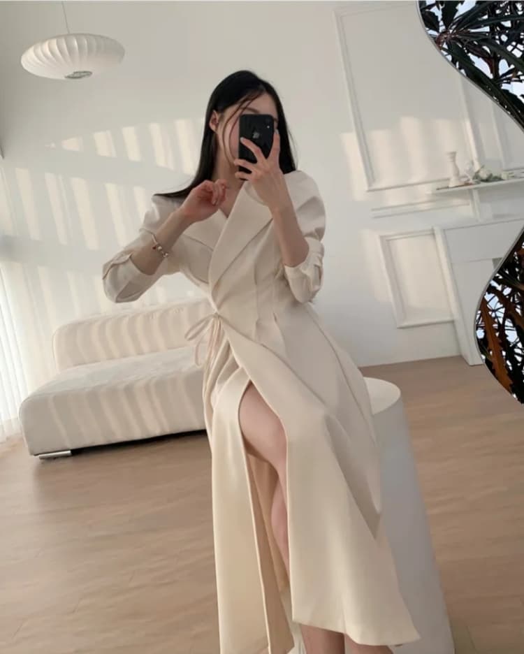 교차 끈 디테일 테일러드 칼라 미디 원피스 상세 이미지 8