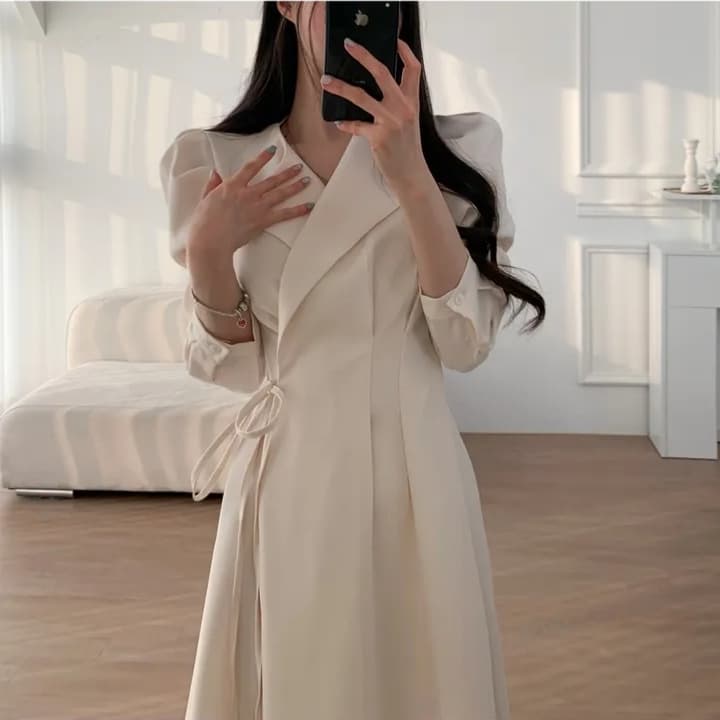 교차 끈 디테일 테일러드 칼라 미디 원피스 상세 이미지 10