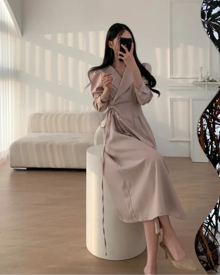 교차 끈 디테일 테일러드 칼라 미디 원피스 상세 이미지 15