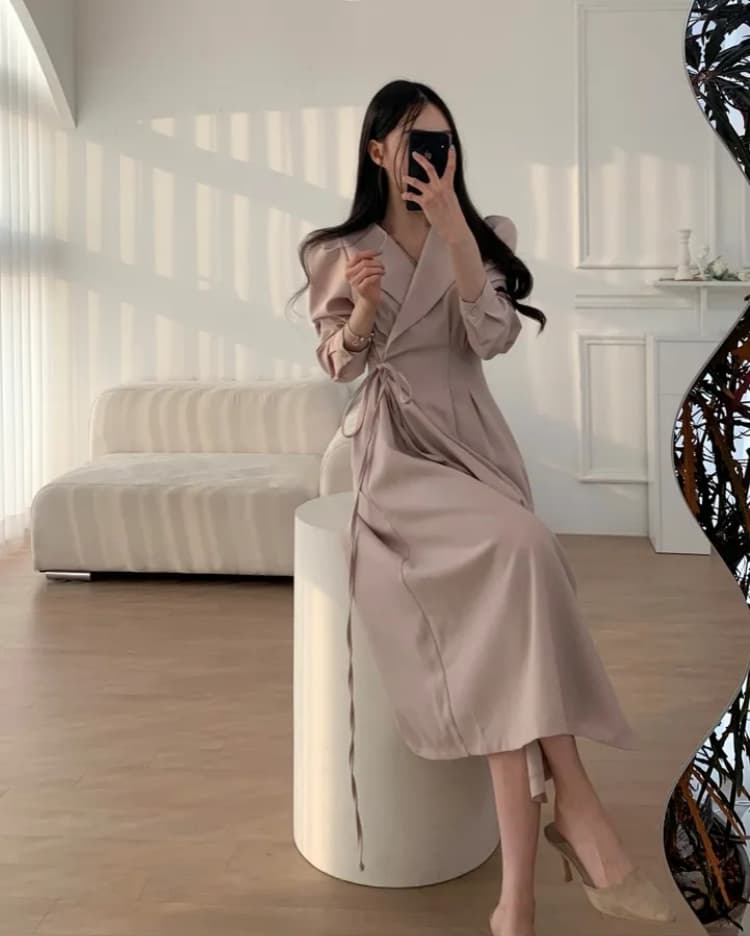 교차 끈 디테일 테일러드 칼라 미디 원피스 상세 이미지 16