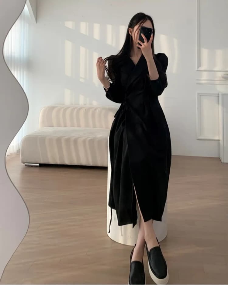 교차 끈 디테일 테일러드 칼라 미디 원피스 상세 이미지 22