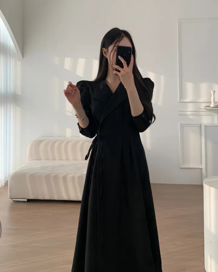 교차 끈 디테일 테일러드 칼라 미디 원피스 상세 이미지 27