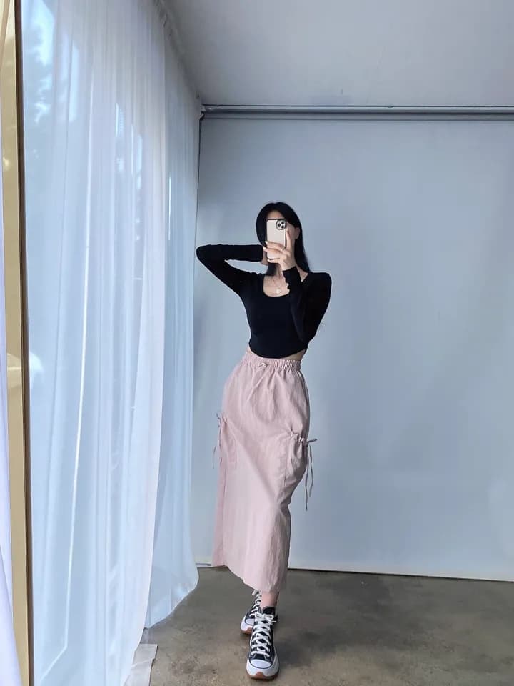 스트링 허리 백슬릿 포켓 A라인 스커트 상세 이미지 9