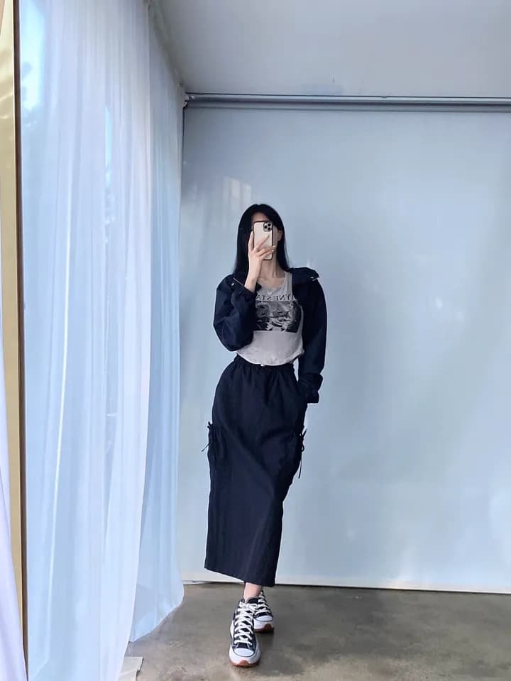 스트링 허리 백슬릿 포켓 A라인 스커트 상세 이미지 14