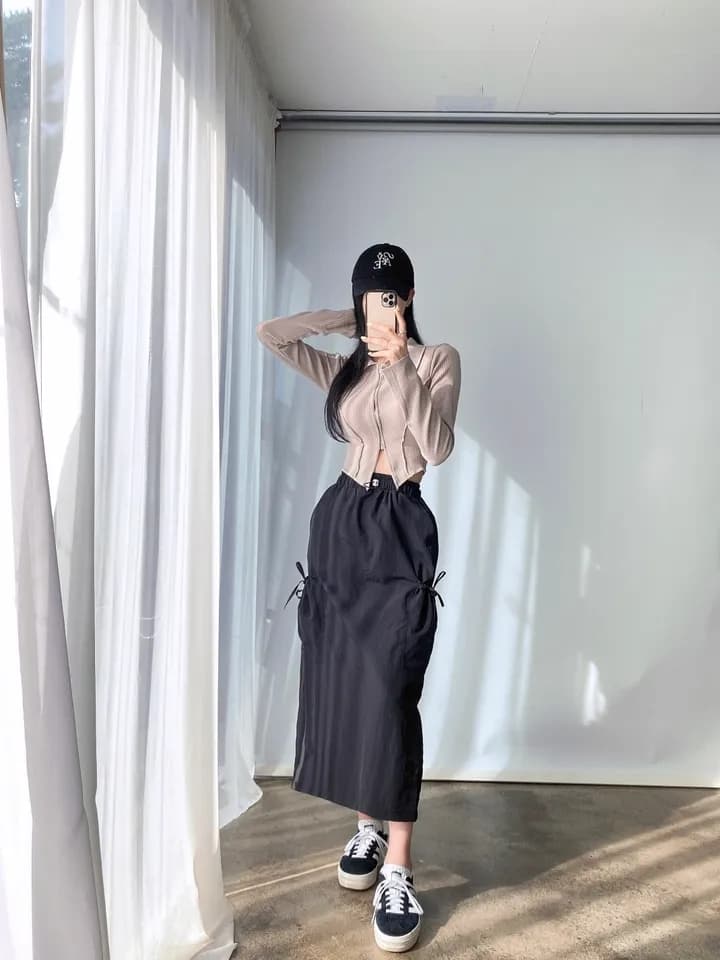 스트링 허리 백슬릿 포켓 A라인 스커트 상세 이미지 18