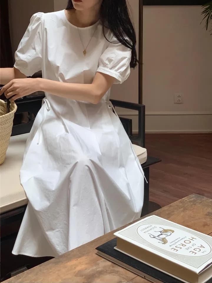 한국풍 여름 원피스 퍼프소매 고 waist A라인 상세 이미지 1