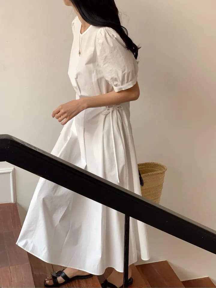 한국풍 여름 원피스 퍼프소매 고 waist A라인 상세 이미지 3