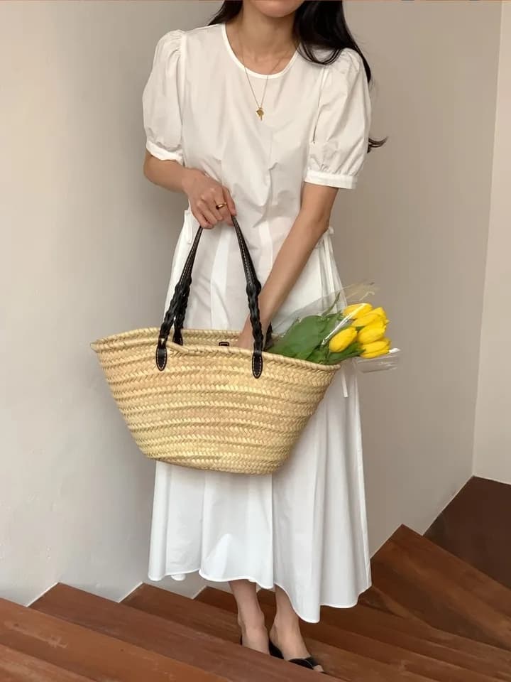 한국풍 여름 원피스 퍼프소매 고 waist A라인 상세 이미지 5