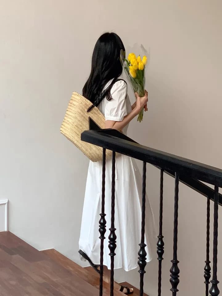 한국풍 여름 원피스 퍼프소매 고 waist A라인 상세 이미지 6