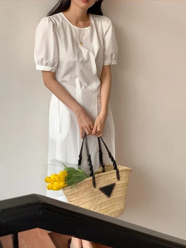 한국풍 여름 원피스 퍼프소매 고 waist A라인 상세 이미지 10