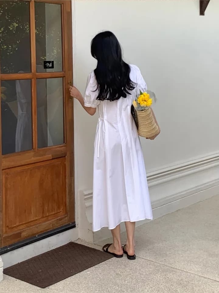 한국풍 여름 원피스 퍼프소매 고 waist A라인 상세 이미지 14