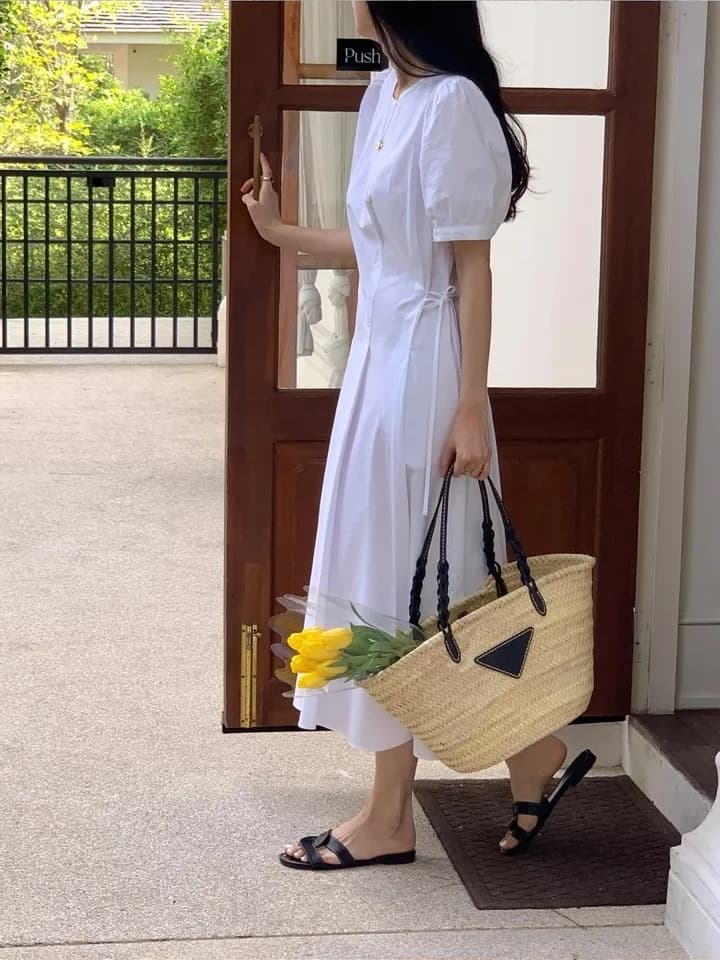 한국풍 여름 원피스 퍼프소매 고 waist A라인 상세 이미지 16
