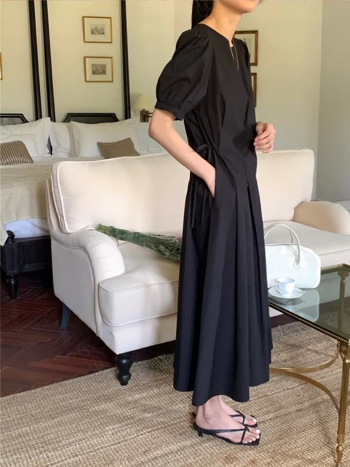 한국풍 여름 원피스 퍼프소매 고 waist A라인 상세 이미지 18
