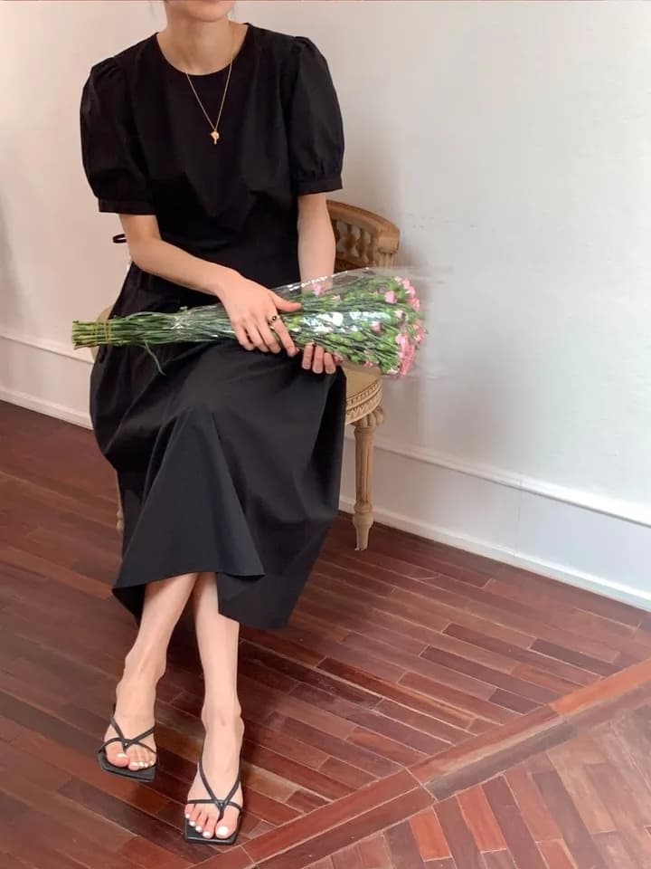 한국풍 여름 원피스 퍼프소매 고 waist A라인 상세 이미지 23