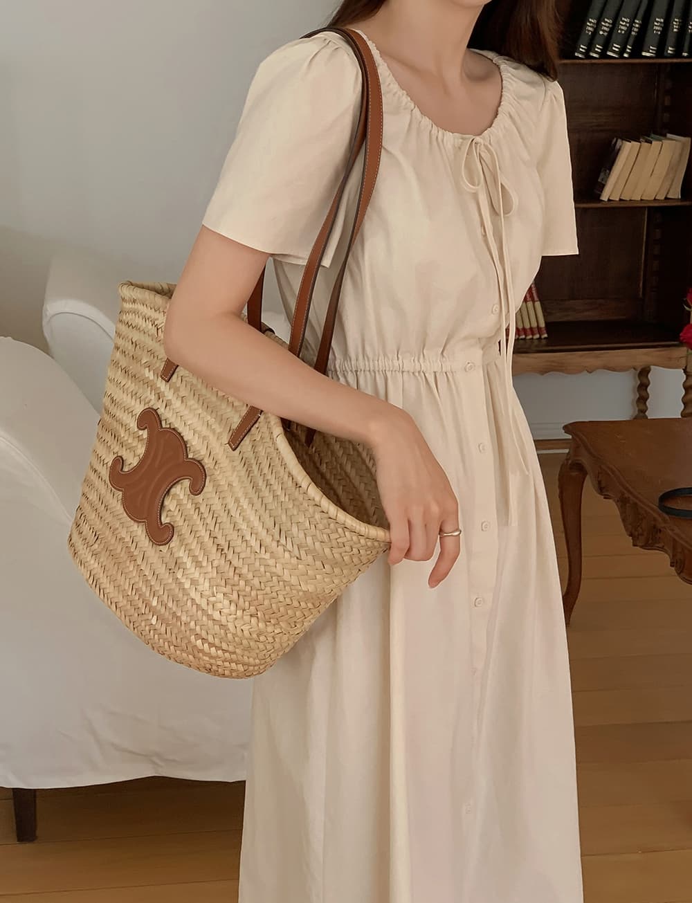 양면 끈 V넥 단추 허리 조임 반소매 원피스 상세 이미지 20