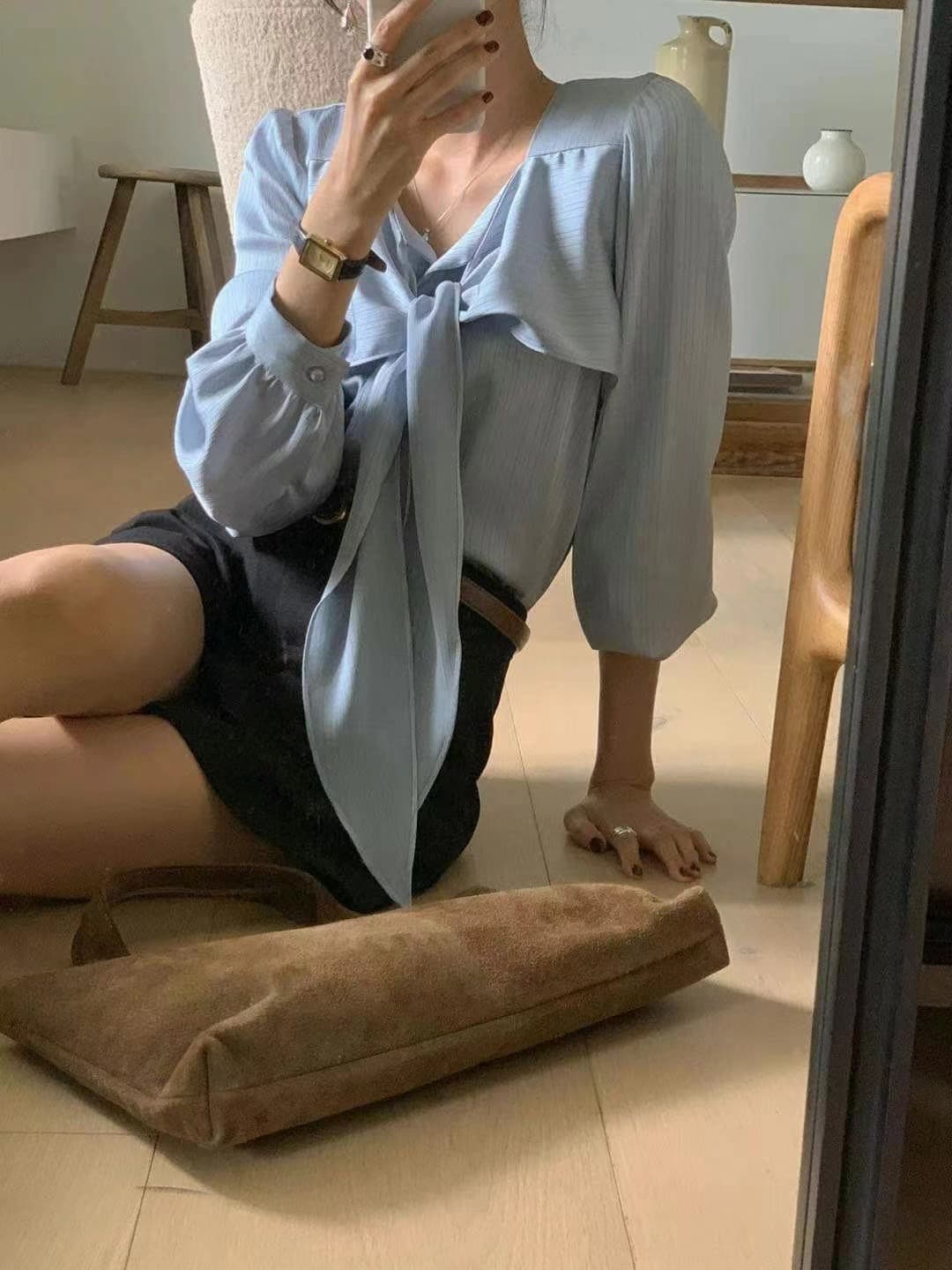프렌치 스타일 타이 넥 셔츠 (3color) 상세 이미지 19