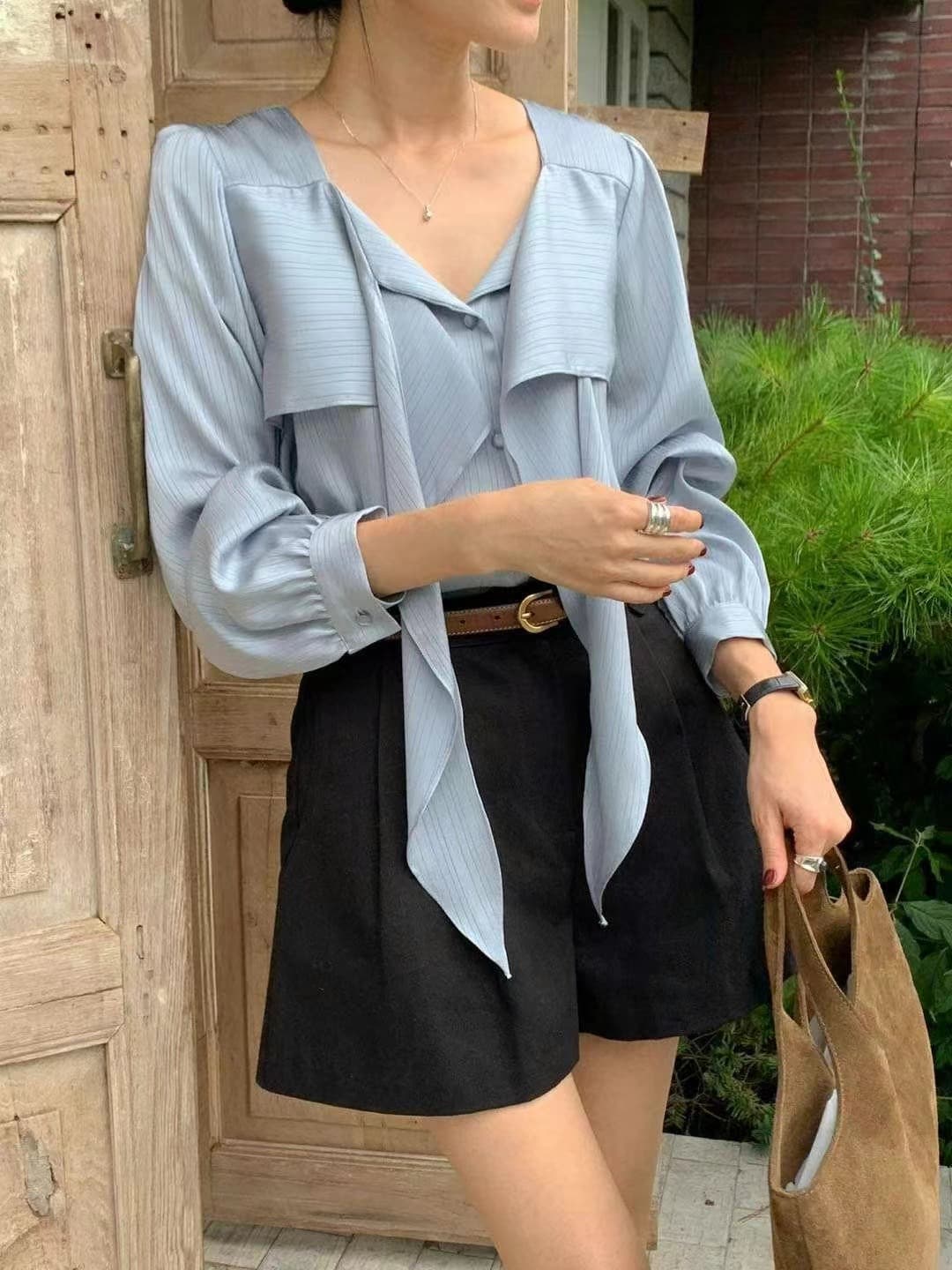 프렌치 스타일 타이 넥 셔츠 (3color) 상세 이미지 25