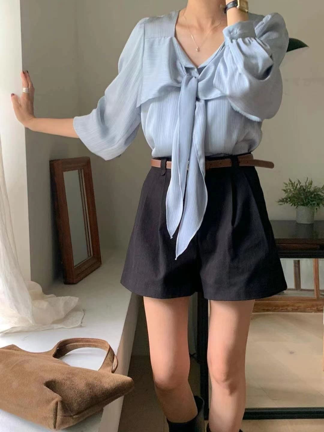 프렌치 스타일 타이 넥 셔츠 (3color) 상세 이미지 26