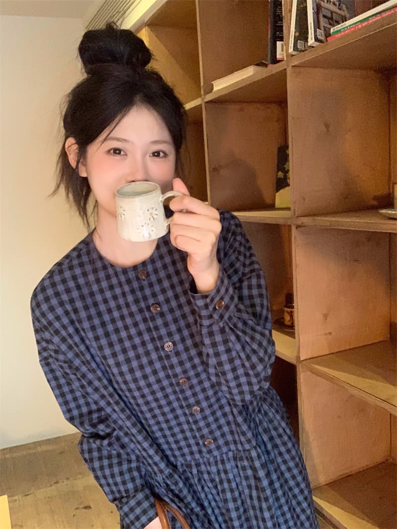 레트로 그레이 블루 체크 러플 원피스 상세 이미지 6