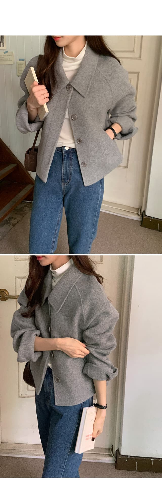 폴드 칼라 단추 울 코트 (4color) 상세 이미지 13