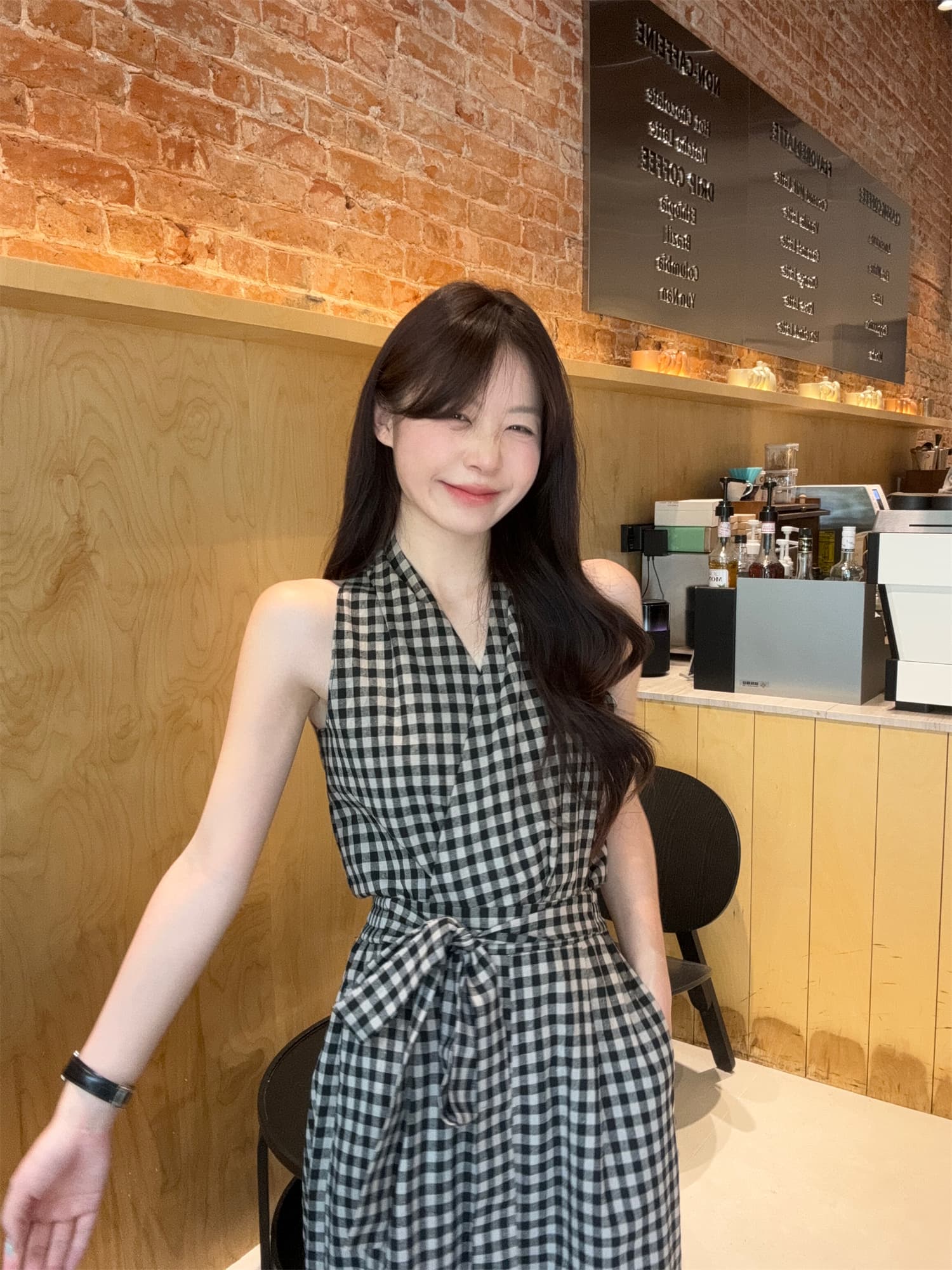 체크 패턴 끈 디테일 민소매 와이드팬츠 세트 상세 이미지 7