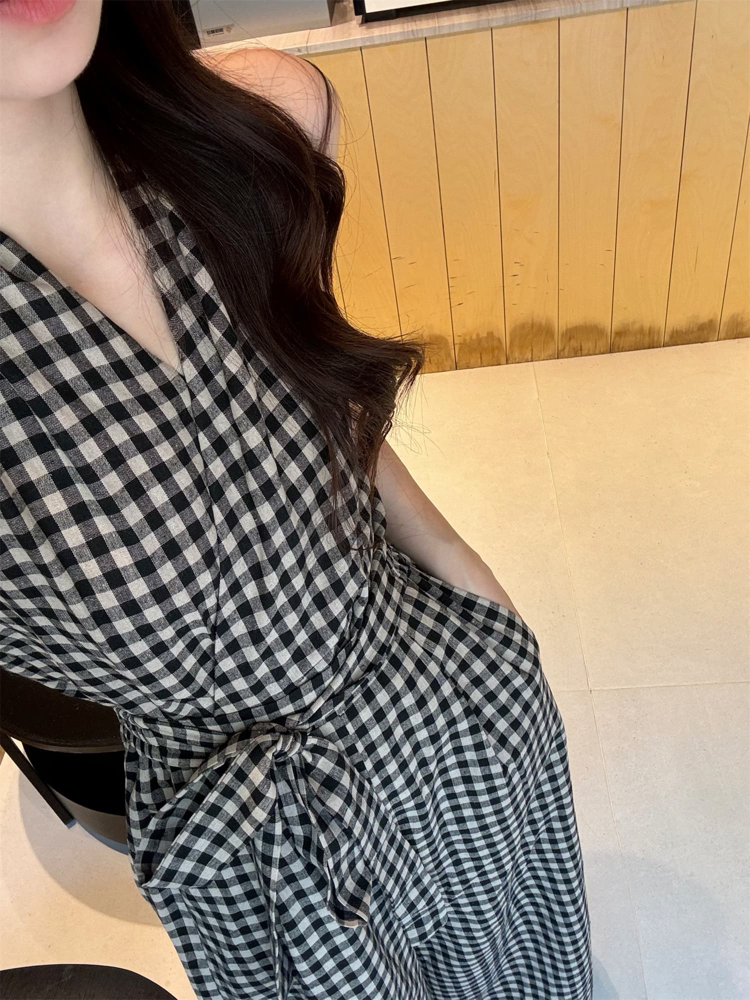 체크 패턴 끈 디테일 민소매 와이드팬츠 세트 상세 이미지 8