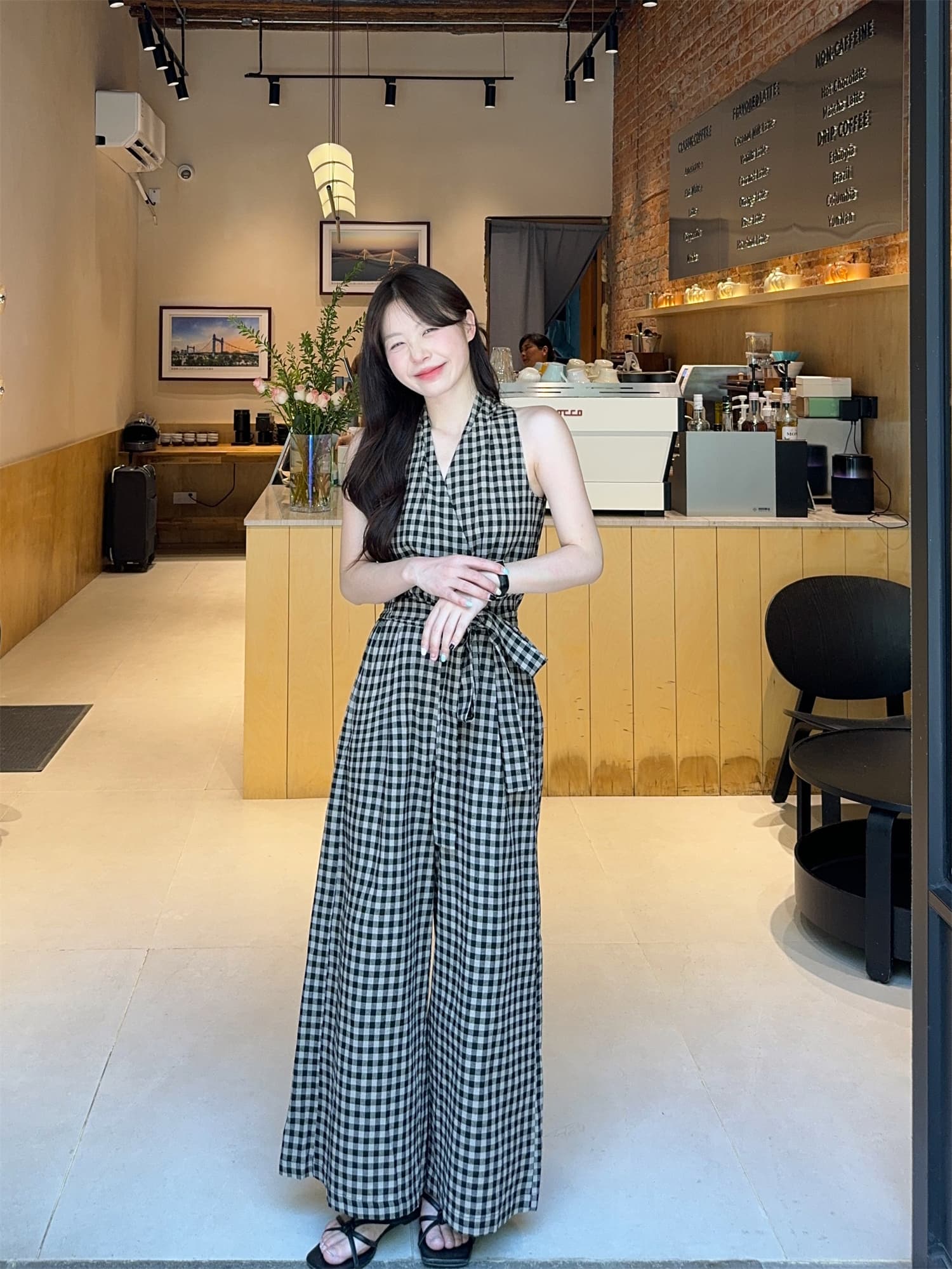 체크 패턴 끈 디테일 민소매 와이드팬츠 세트 상세 이미지 13
