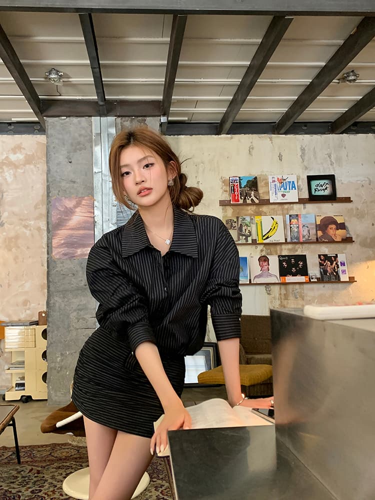 스트라이프 허리 조임 크롭 원피스 상세 이미지 11