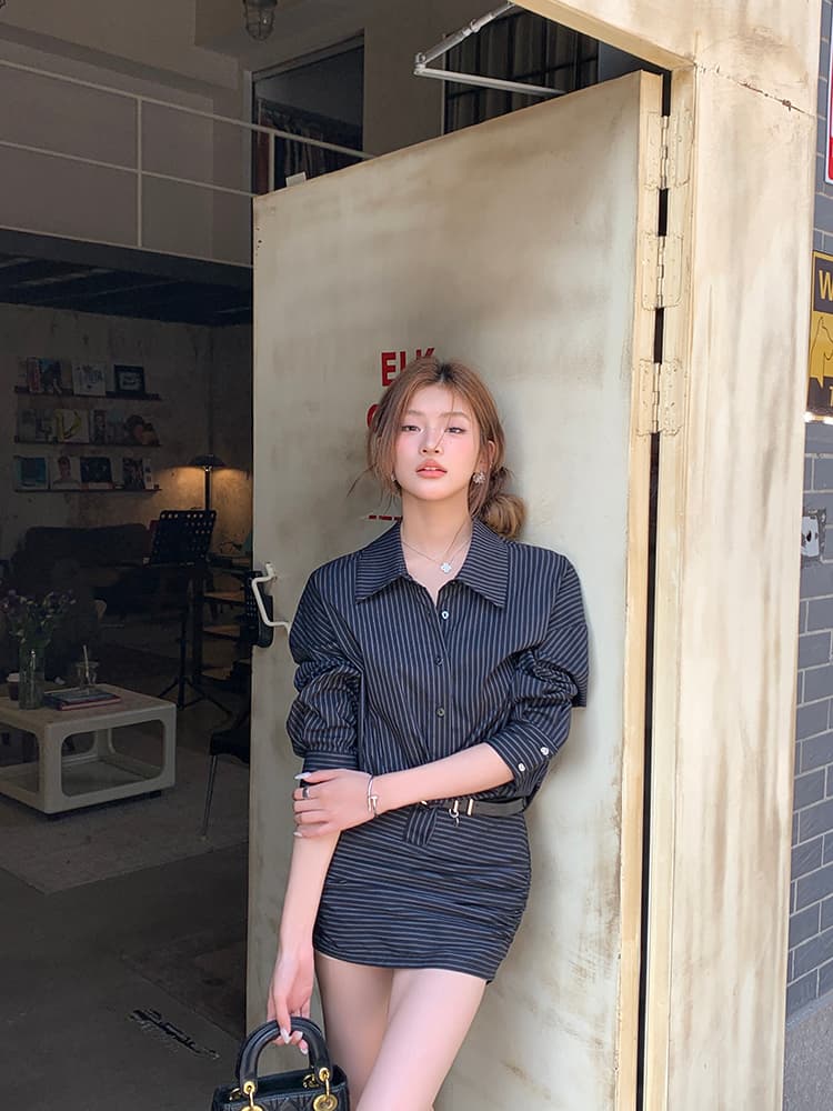 스트라이프 허리 조임 크롭 원피스 상세 이미지 27