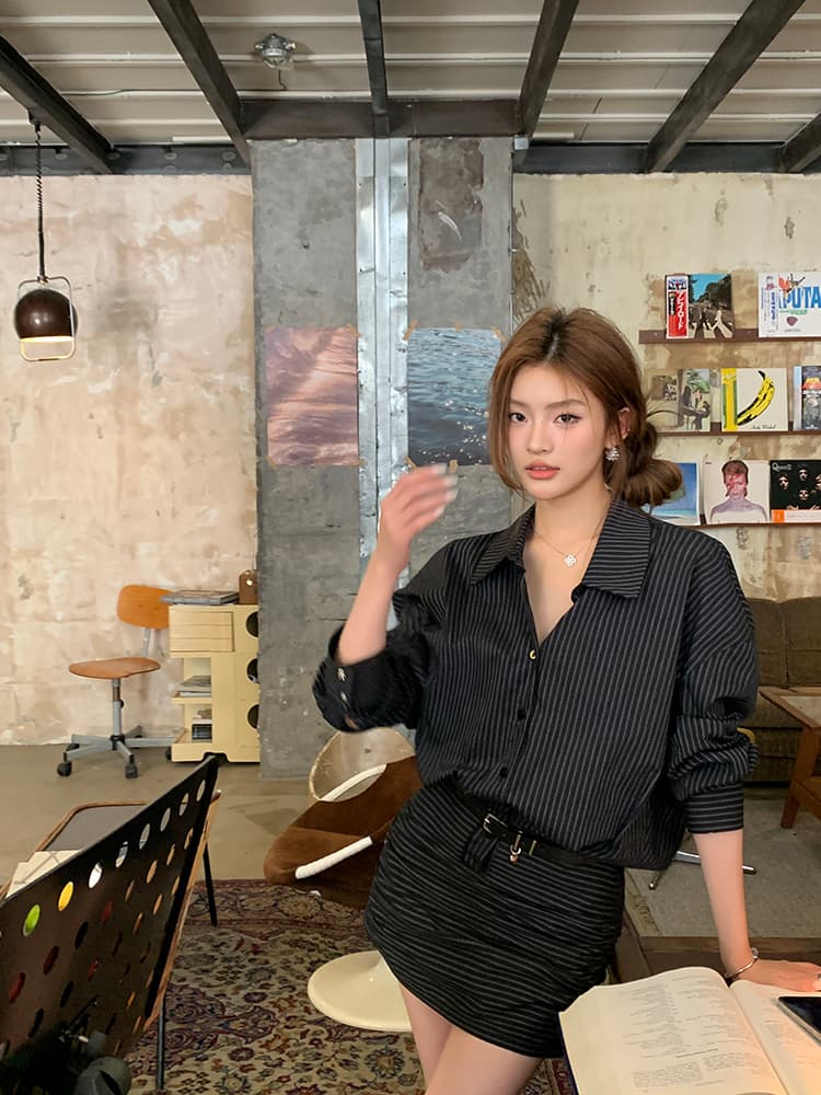 스트라이프 허리 조임 크롭 원피스 상세 이미지 39