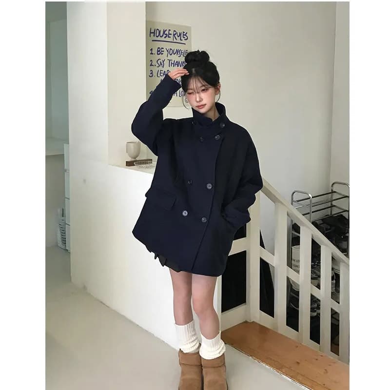 더블 버튼 폴드 칼라 미디 코트