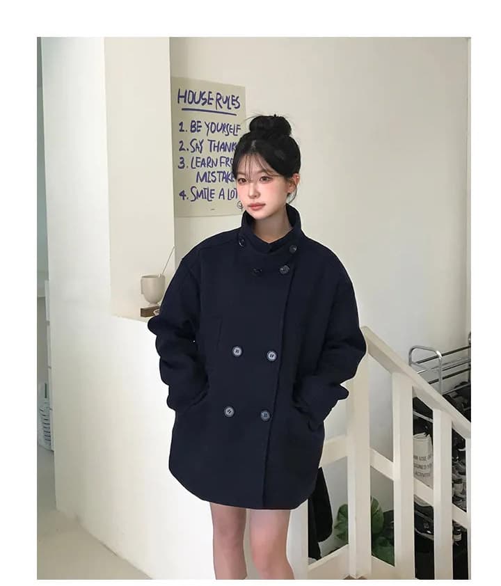 더블 버튼 폴드 칼라 미디 코트 상세 이미지 2