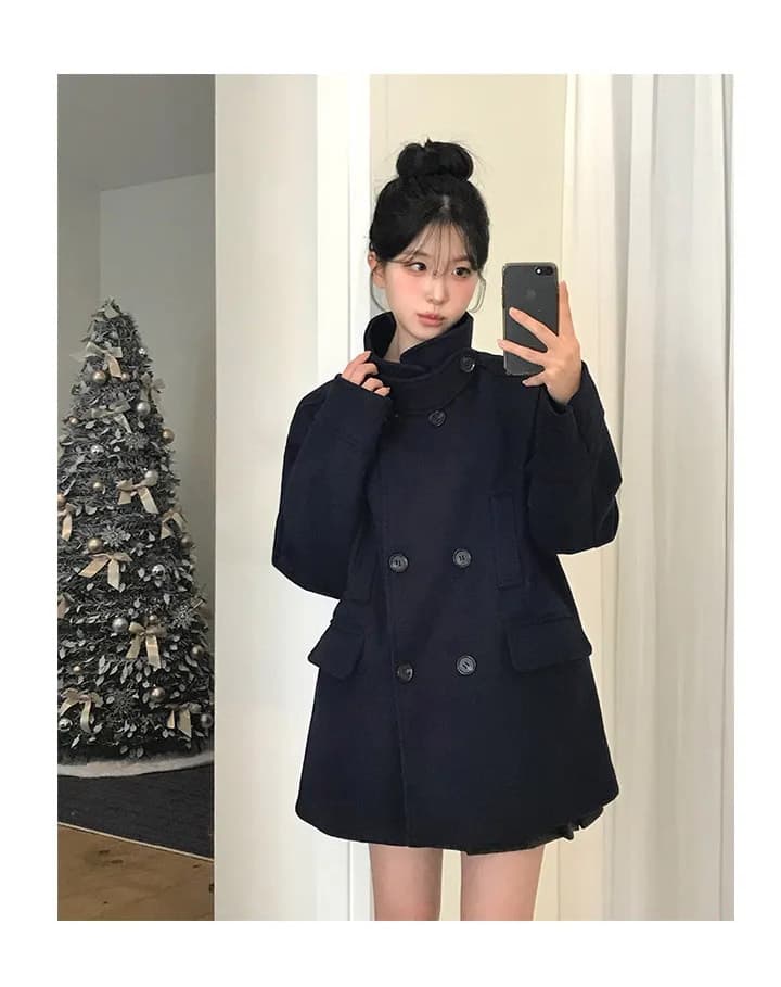 더블 버튼 폴드 칼라 미디 코트 상세 이미지 4