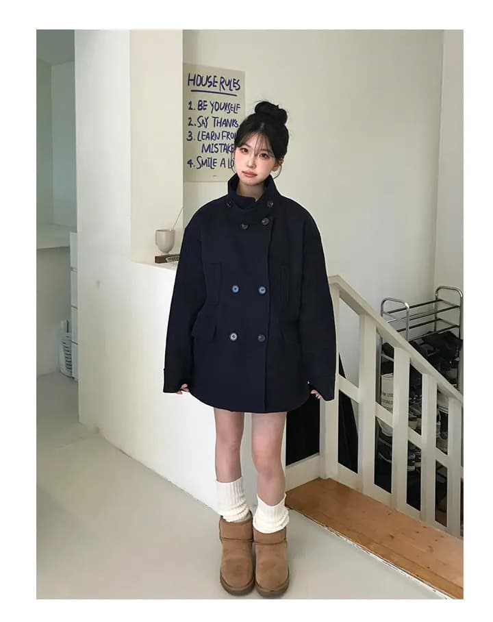더블 버튼 폴드 칼라 미디 코트 상세 이미지 10