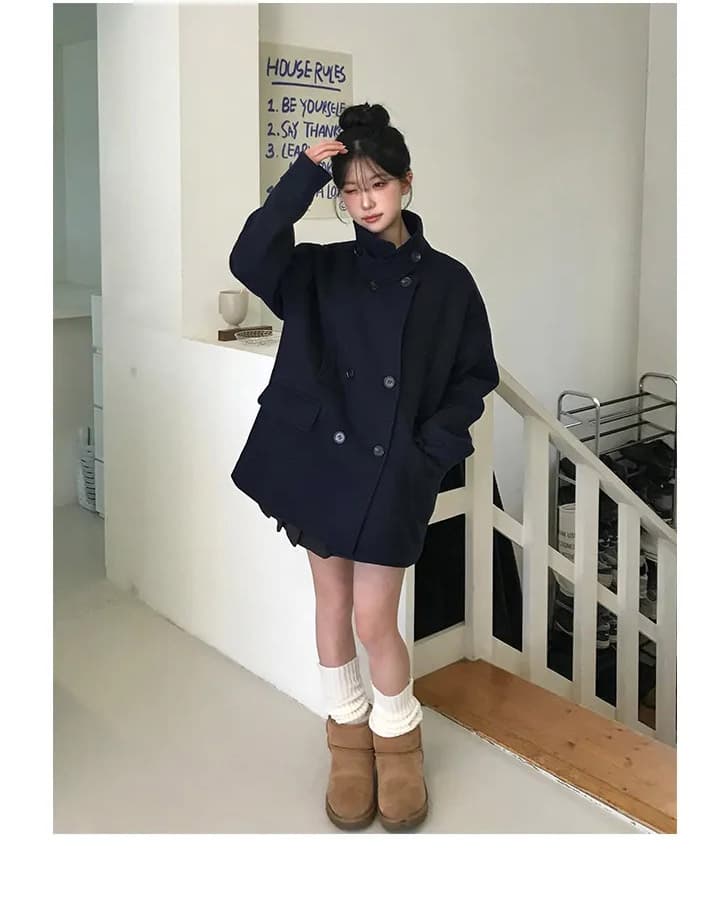 더블 버튼 폴드 칼라 미디 코트 상세 이미지 13