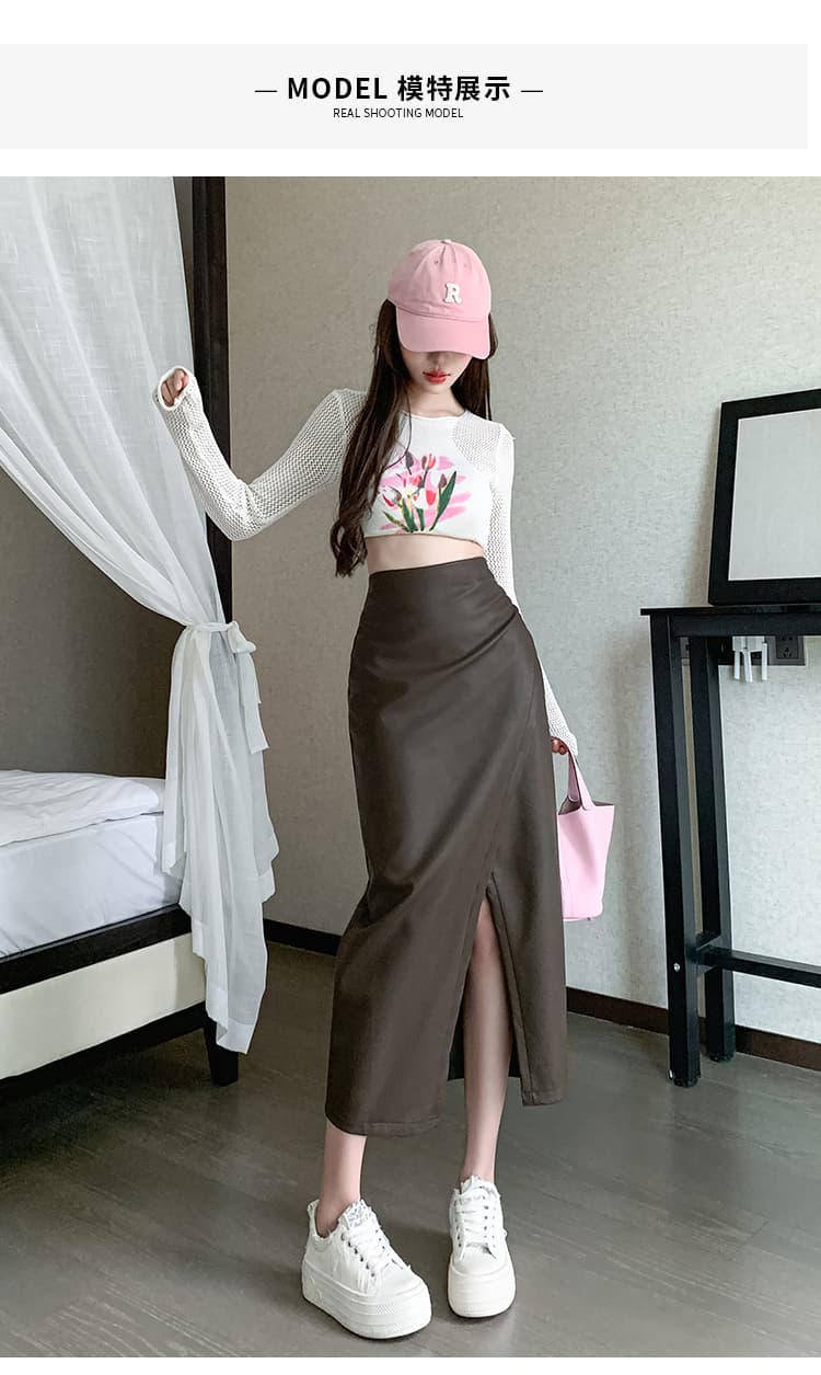 언밸런스 주름 PU 하이웨이스트 미디 스커트 (3color) 상세 이미지 9
