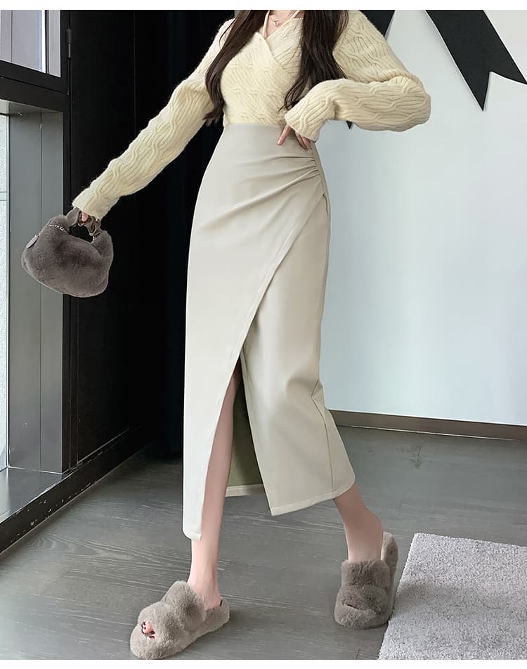 언밸런스 주름 PU 하이웨이스트 미디 스커트 (3color) 상세 이미지 31