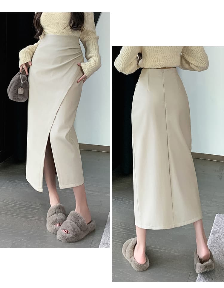 언밸런스 주름 PU 하이웨이스트 미디 스커트 (3color) 상세 이미지 32