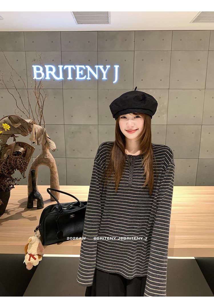 스트라이프 배색 헨리넥 긴소매 티셔츠 상세 이미지 5
